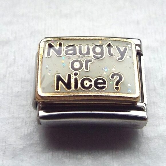 Naughty or Nice? enamel 9mm stainless steel Italian charm bracelet link new - Picture 1 of 2